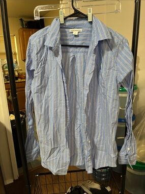 Amazon Essentials Light Blue and White Striped Women's Button-Down Shirt